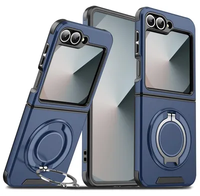 Produktbild von Handyhülle für Samsung Galaxy Z Flip6 / Z Flip7 SE Dual-Layer Stoßfest Militär Hülle mit  Magnetisch Ring Ständer Blau