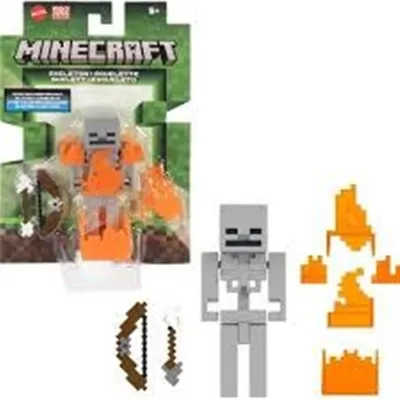 A Minecraft Skeleton toy figure in its packaging, with additional accessories and a separate figure shown.