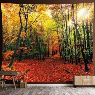 Obrázok produktu pre Unyqoos® Nástenná dekorácia "Slnečný les" – polyester, motív lesa a západu slnka, 150 x 130 cm, dekorácia na stenu/deka do spálne a obývačky