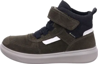A side view of a green high-top sneaker with a gray sole.