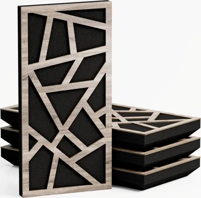 A stack of acoustic panels with a geometric wood-grain pattern on a white background.