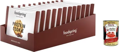 Produktbild von Protein Cookie, Proteinkeks, Schokoladenchips, 12 x 50 g, echte Keksekonsistenz, viele Proteine, wenige Zucker, der Snack passt zu echtem Kakao + Italian Gourmet polpa 400g