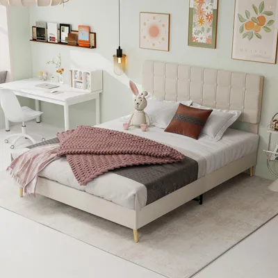 Produktbild von Zerbaco Polsterbett 160x200 cm, modernes Stoffbett mit Karostepp-Kopfteil, Doppelbett, Beige