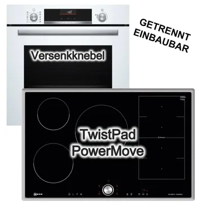 Produktbild von Herdset Bosch Einbaubackofen weiss Air Fry 3D Heißluft + Neff Induktionskochfeld 80cm Flexinduktion TwistPad®