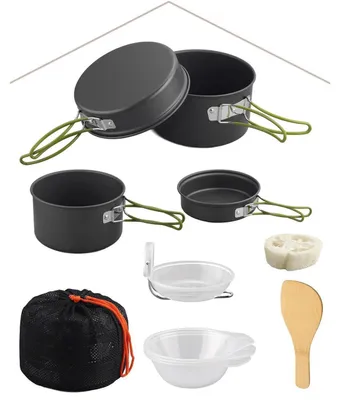 Image de Ensemble de vaisselle de camping en aluminium, antiadhésif, avec poignées pliables et sac de transport, de couleur gris-vert