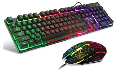Produktbild von Gaming LED Hintergrundbeleuchtung QWERTY US Layout Tastatur- und Maus-Set, Beleuchtete USB Wasserdicht mit 2400 DPI für Pro PC Gamer