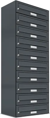 A tall, dark gray mailbox unit with 10 individual compartments, each with a silver lock and a small label holder.