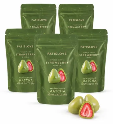 Image de Patislove, dragées matcha et fraise, fraises lyophilisées enrobées de chocolat blanc matcha, 80 g – Pack de 5 (5 × 80 g)