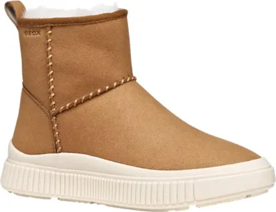 A single brown boot with white fur lining and a white sole is shown against a white background.