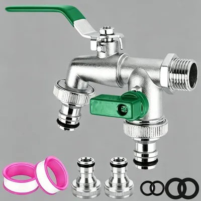 Doppel-Wasserhahn aus Messing, 1/2" & 3/4", mit 4 Schlauchanschlüssen