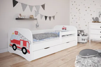 Produktbild von Kinderbett 180x80 mit Matratze, Rausfallschutz, Lattenrost & Schublade in weiß 80 x 180 Jungen Bett Feuerwehr