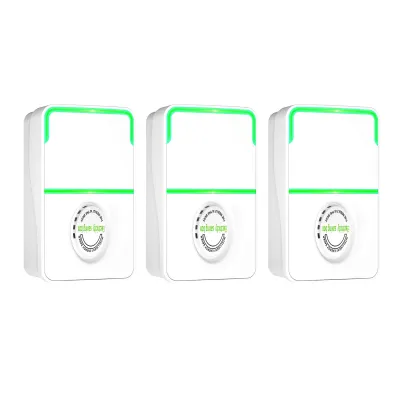 Three white electronic devices with green accents are arranged side-by-side against a white background.