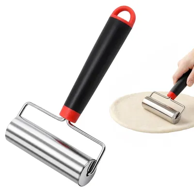 Produktbild von Edelstahl Teigroller mit Teigkarte und Teigschaber - Anti-Rost Backzubehör - Für Pizza Kuchen Nudelteig und Mürbeteig - Klein