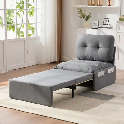 Produktbild von Merax 2-in-1 Schlafsessel mit Sitzkissen, Schlafsofa mit Ausziehbett, Einzelsessel aus Leinenstoff, Gästebett aus Massivholzrahmen und Metallfüße,Grau