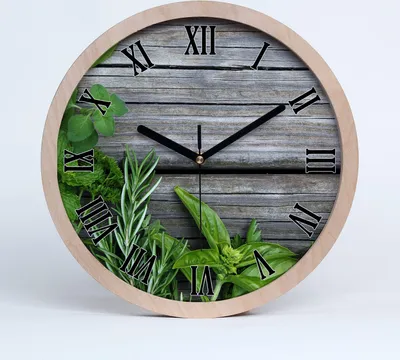 Produktbild von Holzuhr 25fi cm wanduhr - schwarze Spitzen - Holzuntergrund Kräuter