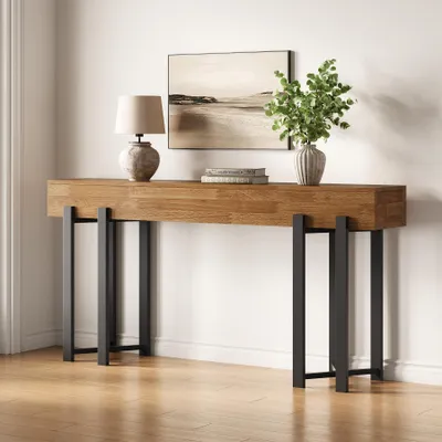 Produktbild von Tribesigns Konsolentisch Eingangsbereich, Landhaus hinter dem Sofa, langer Holztisch Eiche für Flur und Eingangsbereich mit schwarzem Metallgestell
