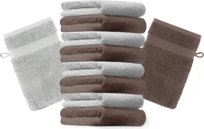Produktbild von Betz 10 Stück Waschhandschuhe 16x21 cm PREMIUM 100% Baumwolle  Farbe: nussbraun und silbergrau
