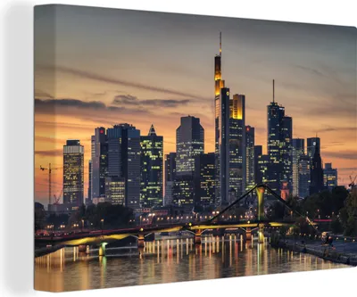 Produktbild von OneMillionCanvasses® - Leinwandbilder - 140x90 cm, Frankfurter Skyline bei Sonnenuntergang vom Main aus, Deutschland, Wandbilder Kunstdruck Wanddekoration - Foto auf Leinwand -