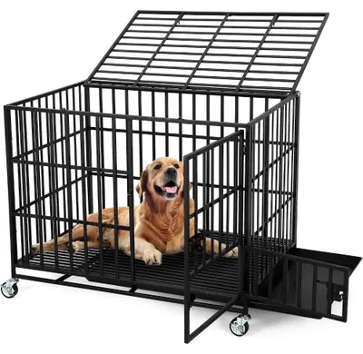 Immagine prodotto di Gabbia per cani in metallo di grandi dimensioni - Gabbia per cani da interno - Antifuga - Struttura robusta - 3 porte con serratura - 4 ruote con freno - Vasca estraibile - Adatta per cani di grossa taglia - Colore: nero