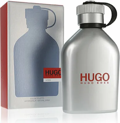 A bottle of Hugo Boss Hugo Iced Eau de Toilette and its packaging are displayed against a white background.