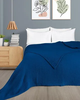 Immagine prodotto di Coperta da letto in mussola Unyqoos® realizzata in 100% cotone (a 4 strati) – estremamente morbida, termoregolante, blu, 180 x 220 cm