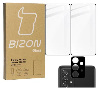 A product shot featuring the packaging for Bizon Glass Edge Panzerglas screen protectors, along with two screen protectors and a camera lens protector shown on a smartphone.