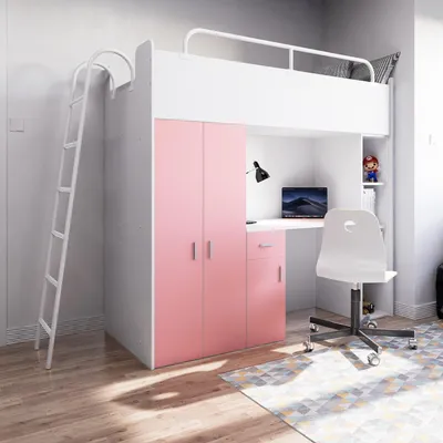 Produktbild von Marlux-Meble Hochbett Kinderbett JSM-4 80x190 mit Kleiderschrank Schreibtisch und Leiter Matt Kinderbetten Funktionsbett Etagenbett Stockbett Kinderhochbett Jugendhochbett (Rosa Matt)