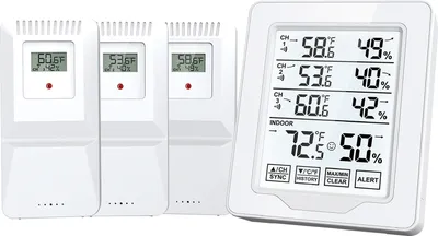 Zdjęcie produktu dla Termometr i monitor wilgotności wewnątrz / na zewnątrz, zasięg 150 m, z 3 zdalnymi czujnikami, higrometr-termometr
