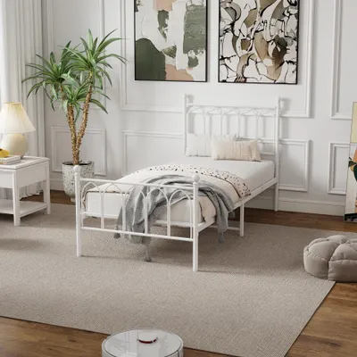 Produktbild von STILVORA Metallbett 90 x 200 cm Bettgestell Jugendbett mit MDF-Kopfteil, Lattenrost, modernes Design, 27 cm Bodenfreiheit, Weiß, ohne Matratze