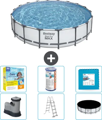 Produktbild von Bestway Round Steel Pro MAX Schwimmbad – 549 x 122 cm – Grau – inklusive Pumpe – Leiter – Abdeckung Wartungspaket - Filter - Bodenfliesen