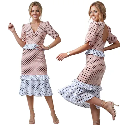 Produktbild von Elegantes Midikleid mit Polka-Dot-Muster und Rüschen, Bleistiftkleid mit ausgestelltem Saum XL