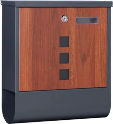A front view of a mailbox with a wood-grain front panel and a gray body.