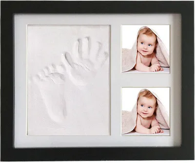 Produktbild von Baby Handabdruck Fußabdruck Baby Holz Bilderrahmen mit Gipsabdruck, Hand und Fuß Gipsabdruck Set Abdruckset Fussabdruck, Schwarzer Rahmen