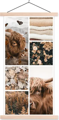 Produktbild von MuchoWow® Textilposter Schottisches Hochlandrind - Collage - Blumen 60x120 cm mit holzfarbenen Rahmen - Holz
