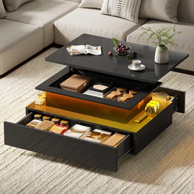 Produktbild von Couchtisch Wohnzimmertisch mit LED-Beleuchtung und 2 Schubladen Höhenverstellbar Tischplatte, 85x55x41-56cm, Schwarz