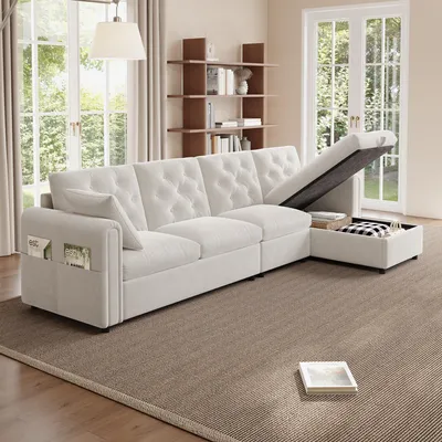 Obrázek produktu pro okwish Velké Sofa Rohové sofa s opěradlem a prošíváním, Sedací souprava s L-úložným prostorem, Relaxační křeslo Chaiselongue s úložným vakem, Béžová