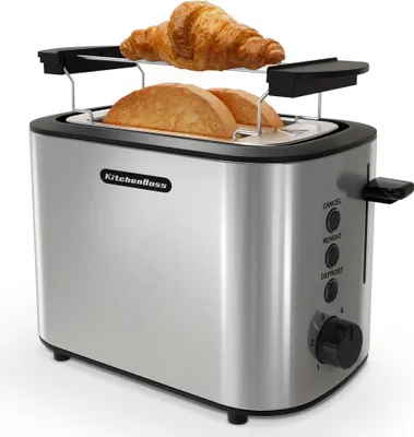 2-Scheiben Toaster Edelstahl, 6 Bräunungsstufen, 870 W, Brötchenaufsatz