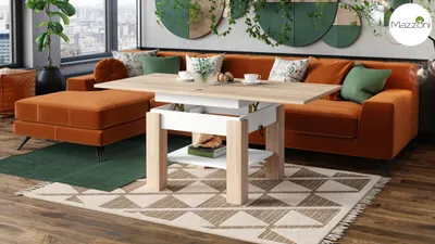 A living room scene featuring a modern couch and a transformable coffee table.