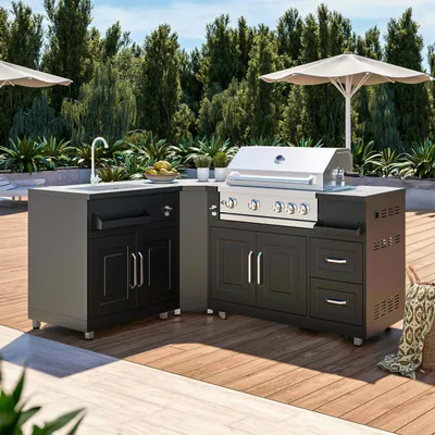 Image de Cuisine extérieure en métal avec 3 modules évier et barbecue - Oviala Memphis