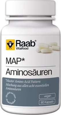 Produktbild von Raab Vitalfood MAP Aminosäuren | 80 Kapseln | alle 8 essentiellen Aminosäuren | vegan