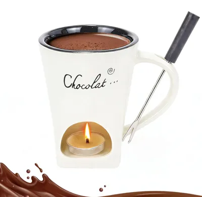 Image de Tasse à fondue au chocolat - En céramique, avec fourchette - Pour chocolat, beurre, fromage et caramel - Blanche