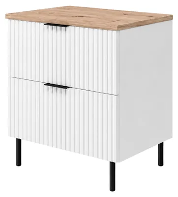 Immagine prodotto di Mobile bagno da pavimento, larghezza 60 cm, ante a listelli di 16 mm, bianco e impiallacciatura in rovere chiaro, maniglie disponibili in due colori, dimensioni 60 x 46 x 73,6 cm, Immagine generata dall'IA