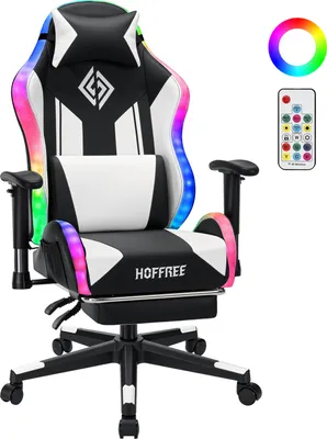A gaming chair with LED lights and a remote control.
