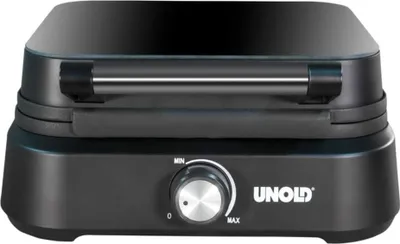 A black Unold waffle maker with a silver temperature dial is shown against a white background.