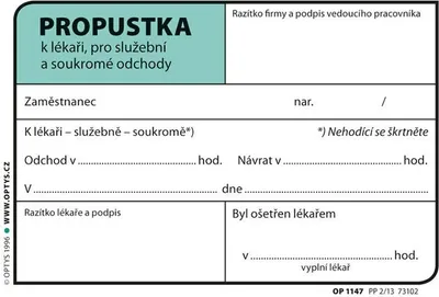 Obrázek produktu pro Tiskopis Propustka Optys, A7, 100 listů