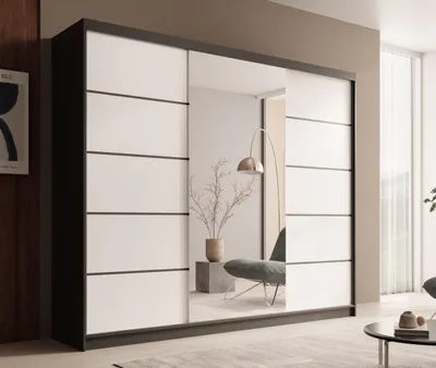 Produktbild von Schrank mit Spiegel mit dekorativen Sprossen – moderner Kleiderschrank - Schiebetürenschrank Tivora 250 – Schwarz + Weiß
