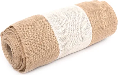 Produktbild von Jute Tischläufer 30 cm breit – Natur & Weiß – Meterware – 100 % Jute – Boho Deko, rustikal, Hochzeit, DIY, Tischdeko (N-12)
