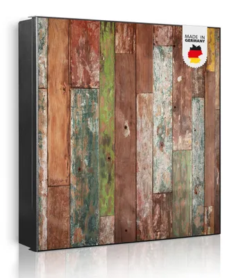 Produktbild von banjado Schlüsselkasten aus Metall, 30x30cm groß mit 32 Haken, als Magnettafel nutzbar, Korpus schwarz, Anschlag rechts, Buntes Holz [SKG1 12140]