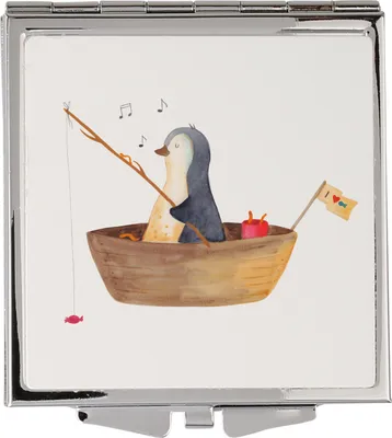 Produktbild von Mr. & Mrs. Panda Taschenspiegel Pinguin Angelboot - Weiß - Geschenk, Boot, Optimistisch, Kosmetikspiegel, Angeln, Quadratischer Spiegel, Schminkspiegel klein, Kleiner
