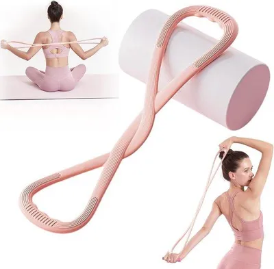 Produktbild von Elastische Trainingsbanden mit Handgriffen für Arm - und Rückentraining - Fitnessgerät für Yoga - Pilates - rosa Gummi
